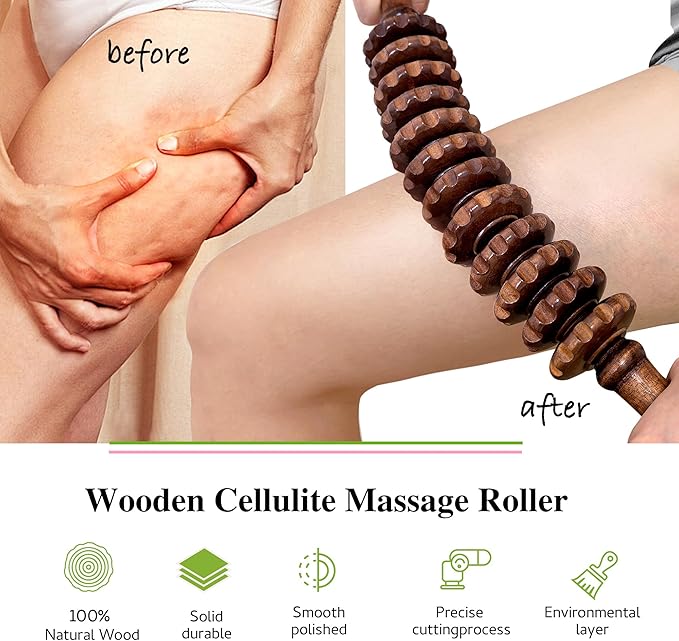 Wooden Curved Handheld Roller Massager Stick- 12 Rollers Wood Therapy Tool for Trigger Point, Fascia & Cellulite Reduction, Lymphatic Drainage, Muscle Tension Relief & Body Shaping (Brown)