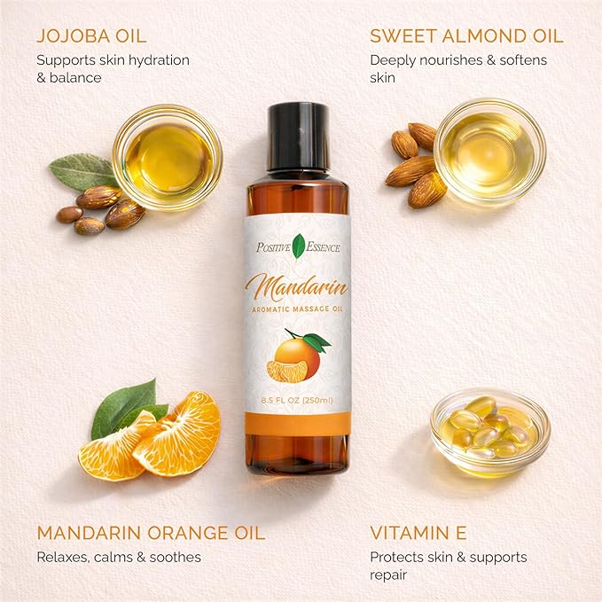 Mandarin Massage Oil for Massage Therapy, Body Oil Made with Pure Mandarin Essential Oil for Skin, Jojoba Oil, Sweet Almond Oil, Vitamin E, Relaxing Gifts for Women
