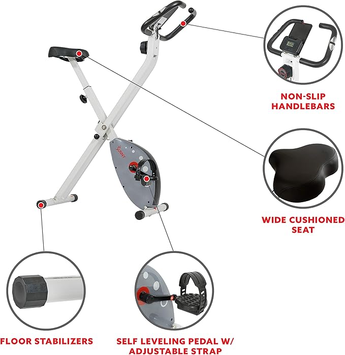 Sunny Health & Fitness Exercise Bike w/Pulse Sensors & Adjustable Cushion Seat, Home Cardio Training Machine for Adults/Seniors' Indoor Cycling Workout, Optional Compact Foldable or Electro-Magnetic
