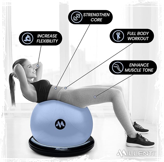 Millenti Exercise Ball Chair 65cm - Yoga Ball Chair Stability Base Ring Kit & Fitness Resistance Bands For Home, Gym Bundle, Pilates Ball, Office Chair, Birthing Ball For Pregnancy - With Workout Chart