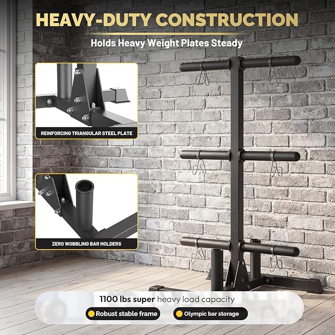 Weight Plate Tree Rack & Weight Set, Strength Training Plate Storage Stand and Barbell Holders for Home Gym, 1100 lb Weight Capacity, Fits Both 1" and 2" Bumper Plates