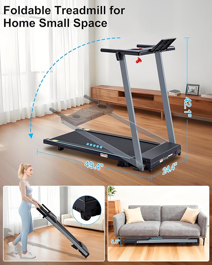 Incline Treadmill with Handles, Portable Small Folding Treadmill for Home Office, Walking Pad with 300 LBS Capacity, 24 Preset Programs, LED Display, Extendable Cup Holder