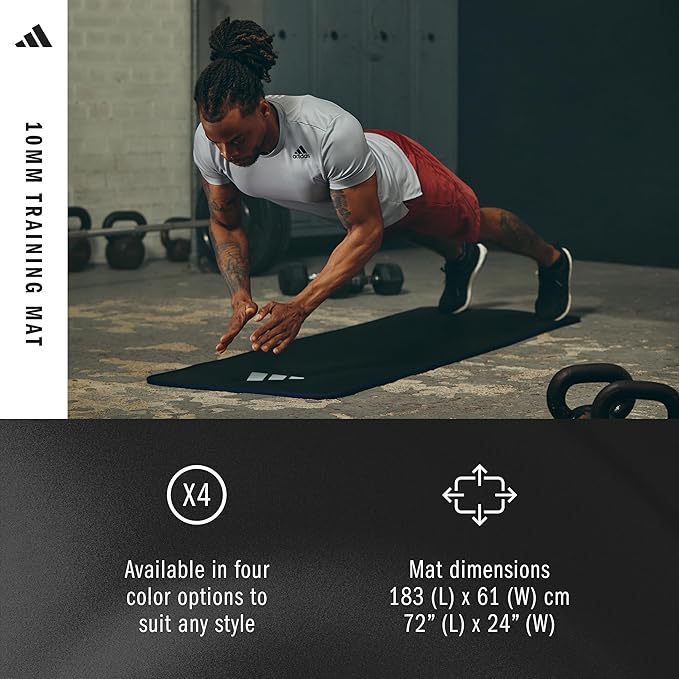 adidas 10mm Extra Thick Training Mat with Carrying Strap and Non-Slip Textured Base - Cushioned Workout Mat for Home Gym, Floor Workouts, and Intense Exercises - Portable and Durable