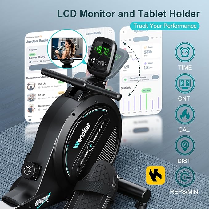 Rowing Machine for Home, Magnetic Rower Machine, 350 LB Weight Capacity, 16-Level Silent Resistance Row Machine for Gym Exercise Full-Body Workout Compact Rower with LCD Monitor Tablet Holder