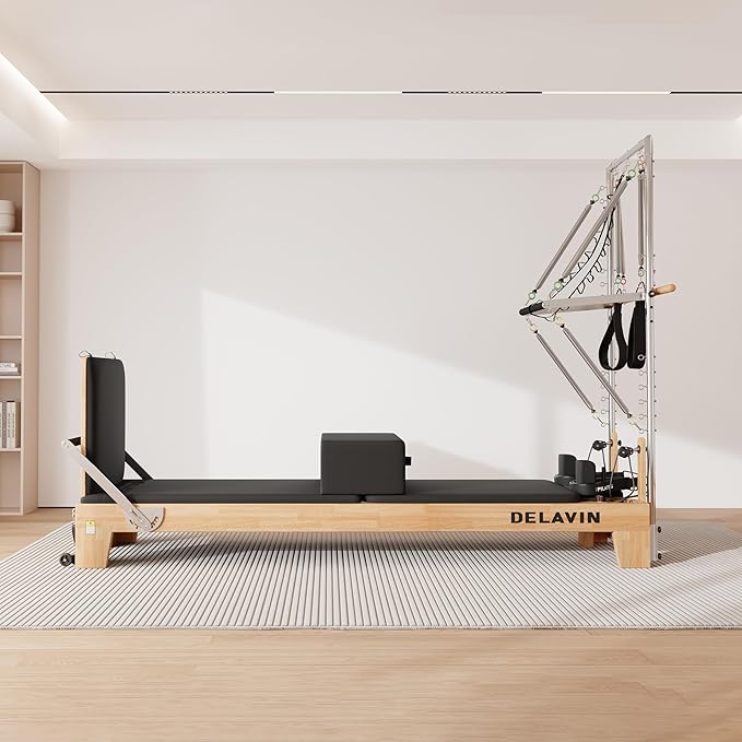 DELAVIN Pilates Reformer with Tower, Pilates Machines with Springs, Sitting Box, Jump Board and Accessories, Solid Wooden Pilates Equipment for Studio, Gym and Home Workout (FBA)