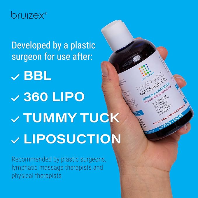 Bruizex Lymphatic Drainage Massage Oil with Arnica & Cold Pressed Castor Oil, Lightweight Non-Greasy Body Massage Oil for Daily Lymphatic Massage, Aftercare Routine, Lightweight Formula - 8.5 Oz