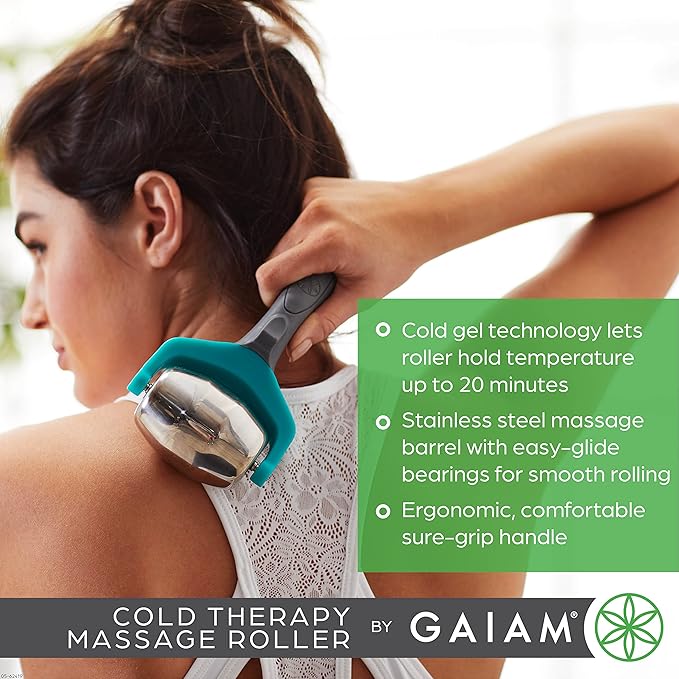 Gaiam Restore Cold Therapy Massage Roller - Easy-Glide Massage Ball Roller with Sure-Grip Handle - Muscle Massage Tool to Help with Sore Muscles, Neck, and Back Pain - Compact and Lightweight