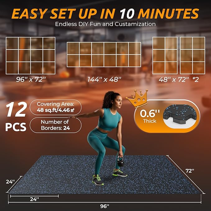 PRAISUN 0.6" Thicker Rubber Top Gym Flooring for Home Gym, 12 Pcs 48 Sq Ft Workout Mats, Exercise Mat, Interlocking Rubber Floor Mats with High Density EVA Foam for Garage, 24 x 24in, Black/Blue