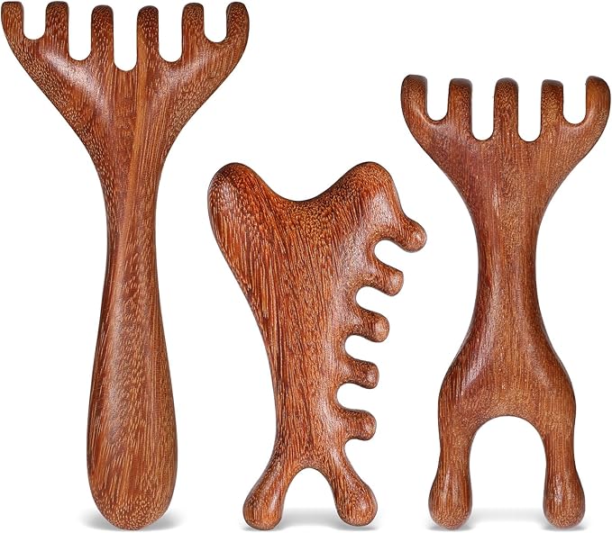 3 Pack Wooden Massager Comb Gua Sha Scraping Massages 6 Claws Meridian Massager Double Head Massage Rake Foot Massagers Tools with Long Handle for Head Neck Back Legs Feet