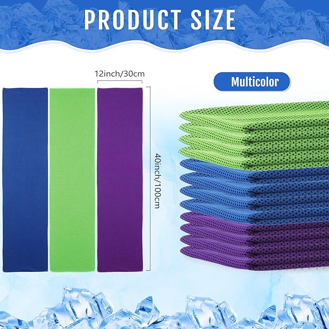 Hosuly 12 Pieces Cooling Towels for Hot Weather Soft Breathable Cold Towel Yoga Towels for Sweat, Sports, Workout, Fitness, Gym, Running, Travel Camping, 12 x 40 Inch (Dark Blue, Green, Purple)