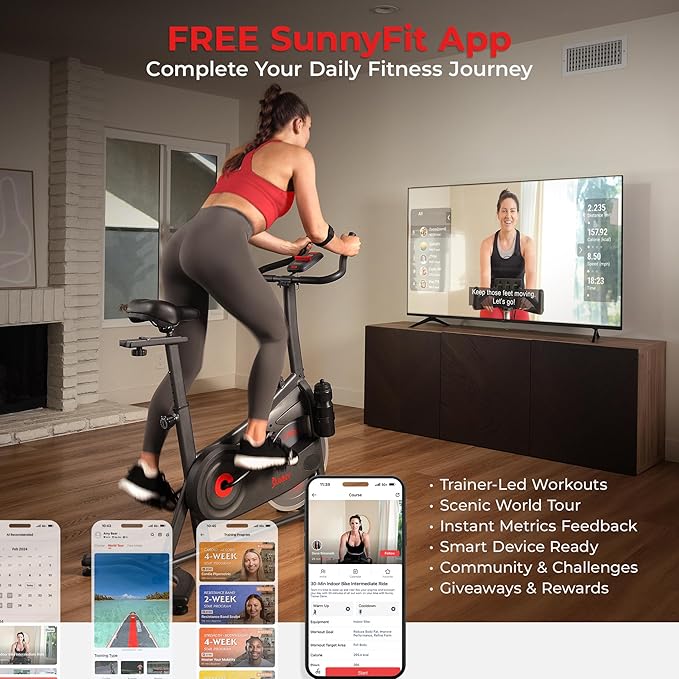 Sunny Health & Fitness Smart Magnetic Cycling Bike with Free SunnyFit App Connection, Stationary Indoor Cardio Exercise Equipment