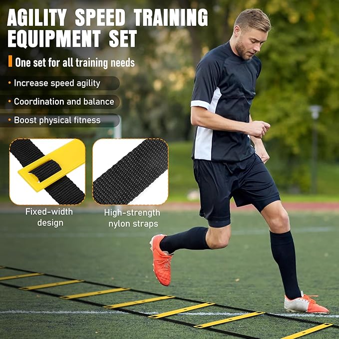 Agility Ladder, Agility Speed Training Equipment Set, 20ft Speed Ladder, 12 Soccer Cones, 4 Hurdles, Jump Rope, Running Parachute, Soccer Football Basketball Training Equipment Accessories