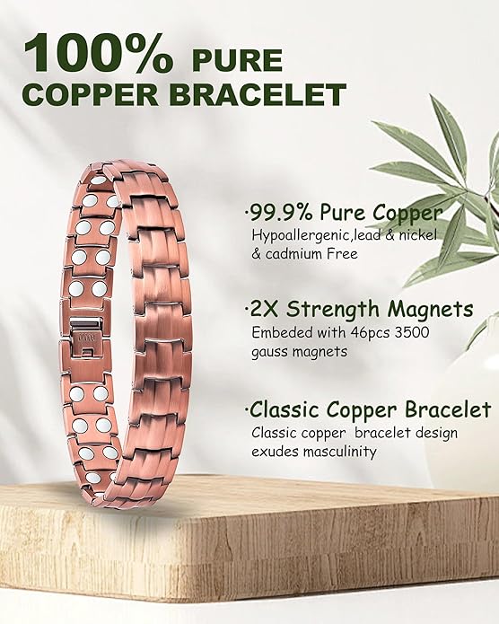 MagEnergy Mens Copper Magnetic Bracelets, 99.9% Pure Copper Bracelet with Double-Row Strength Magnets, Adjustable Jewelry with Sizing Tool