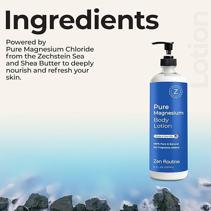 Zen Routine Magnesium Lotion for Sleep, Leg Cramps & Muscle Soreness with Shea Butter | Award-Winning Cream For Sleep – Safe for Kids – Unscented, Non-Greasy, Ultra Soothing – Made in USA