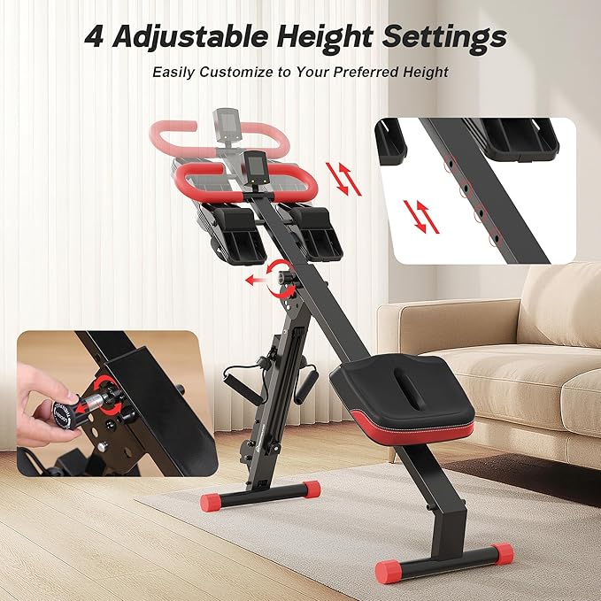 WARMOUNTS Ab Machine, 4 in 1 Foldable Rowing Machine Full Body Workout for Home Gym, Ab Workout Machine with 4 Adjustable Handle & LCD Monitor