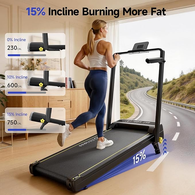 Foldable Treadmill with Incline, Walking Pad with Handle Bar 3 Level Incline, Portable Folding Treadmills for Home/Office 300 Lbs Capacity, Quiet Desk Treadmill with Remote Control & APP