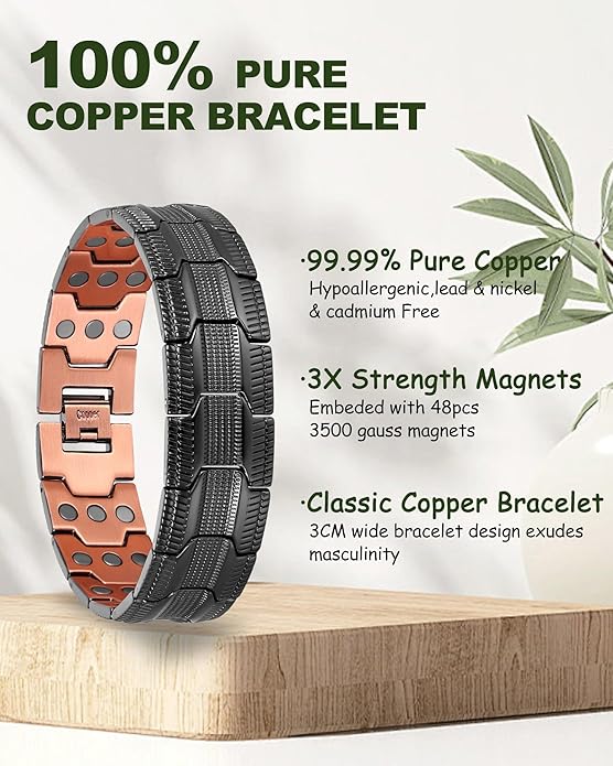 MagEnergy Copper Bracelet for Men, 3X Strength Magnetic Bracelet with 99.99% Pure Copper Ring & 3500 Gauss Magnets, Adjustable Length with Sizing Tool