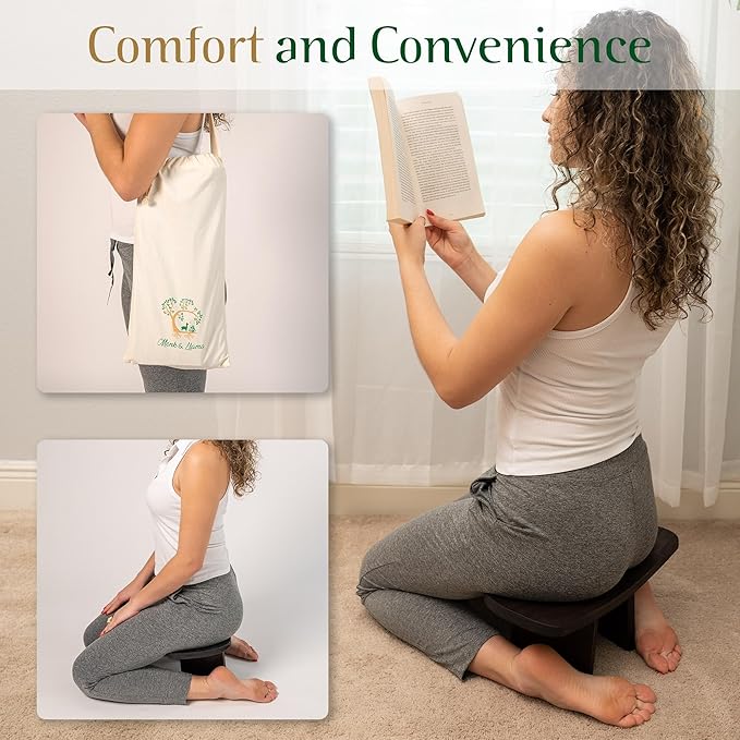 MONK & LLAMA Meditation Bench - Foldable, Ergonomic, Bamboo Kneeling Stool— Perfect Seiza Bench Meditation Stool Chair for Prayer & Travel - Deeper & Enjoyable Sessions