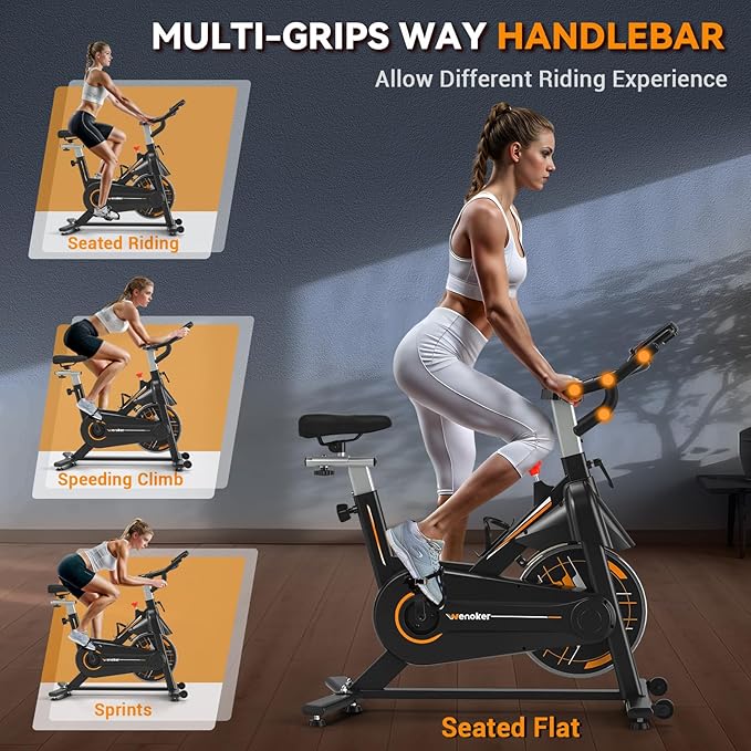 Exercise Bike, Wenoker Stationary Bike for Home App Sync Indoor Bike with Adjustable Seat and Multi-grips Handlebar, Transport Wheels and Fitness Courses for Weight Loss