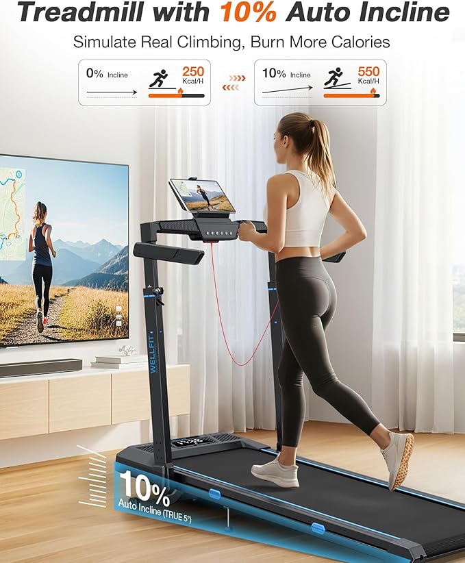 WELLFIT Treadmill with Auto Incline, 4 in 1 Foldable Treadmills for Home with Adjustable Height, 3.5HP Quiet Under Desk Treadmill, 350 LBS Capacity Portable Walking Pad with App, Space-Saving Design