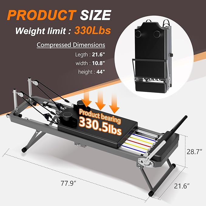 Pilates Reformer Machine for Home Gym, Foldable Pilates Machine Equipment with High Strength Alloy Springs for All Level Users, Up to 330lbs