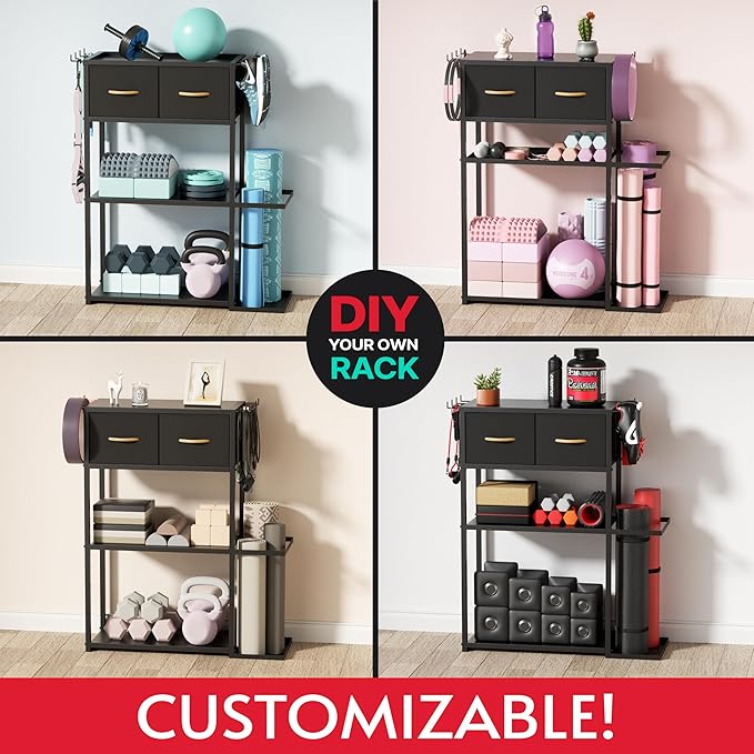 Home Gym Storage Shelf Stand Only, Adjustable Weight Rack for Dumbbells Plus Extra Upper Drawer, for Weight, Mat and Workout Equipment, Large Capacity Gym Organizer with 4-Tier, Easy-assembly