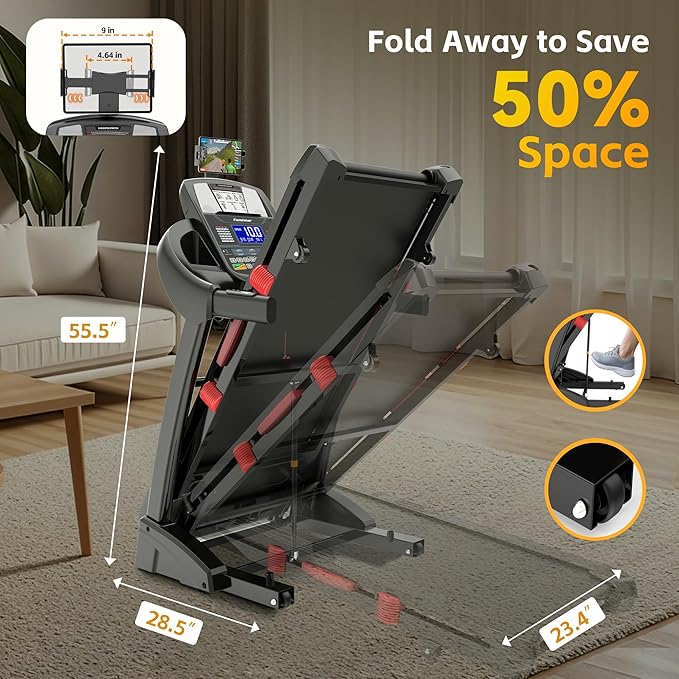 400 lbs Capacity Treadmill for Home with 15% Incline, 5.0 HP Folding Treadmill for Exercising, 0.6–10 MPH, APP Control, Shock Absorption, Quiet Running, Free Brushless Fan & Knee Support