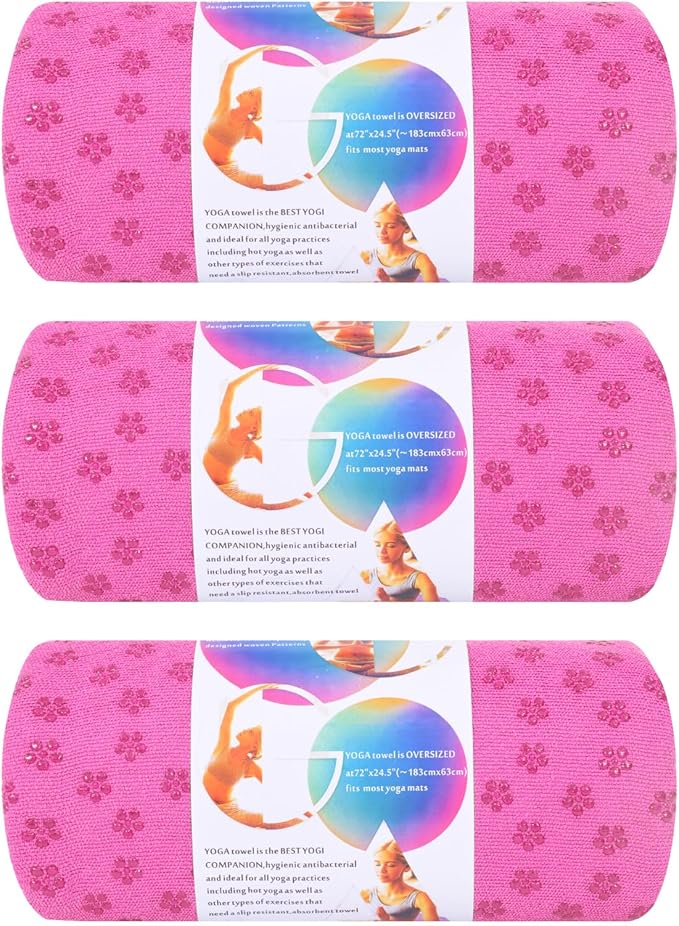3 Pack Hot Yoga Towels with Plum Blossom Dots, Hot Pink Non-Slip Yoga Mat Towel, Super-Absorbent Soft Suede Microfiber Towel for Hot Yoga, Pilates, Bikram and Exercise Workout(24" x72",Hot Pink)