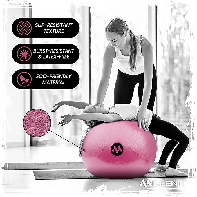 Millenti Exercise Ball Chair 65cm - Yoga Ball Chair Stability Base Ring Kit & Fitness Resistance Bands For Home, Gym Bundle, Pilates Ball, Office Chair, Birthing Ball For Pregnancy - With Workout Chart
