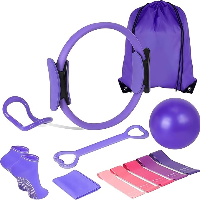13-Piece Pilates Kit for Home Workout, Pilates Ring 13", Resistance Bands Set, Yoga Ball, Stretch Strap, Figure 8 Band, Non-Slip Socks & Carry Bag, Full Body Exercise Home Pilates Essentials