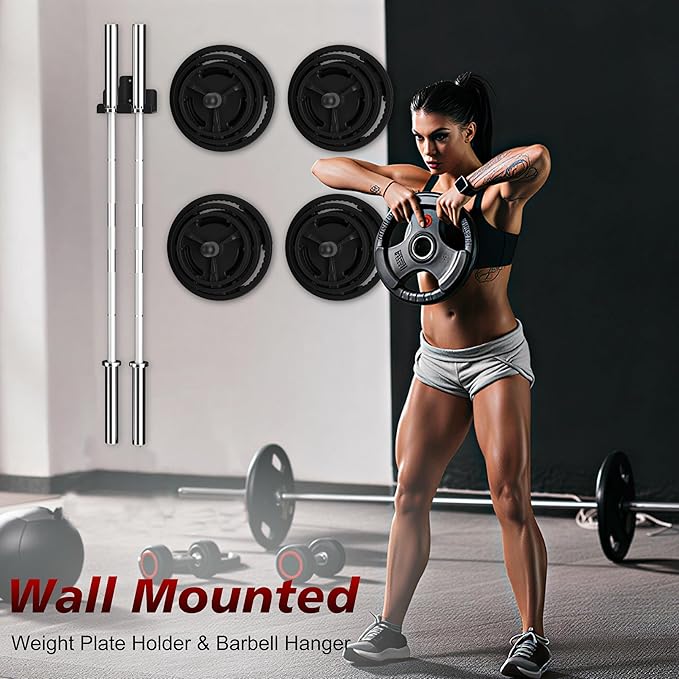 4 Pack Wall Mounted Weight Plate Holder and 1 Pack 2 Hooks Barbell Hanger, Weight Plate Holder for 2" Weight Plates, Vertical Barbell Holder With Protective Rubber Pad for Garage Home Gym