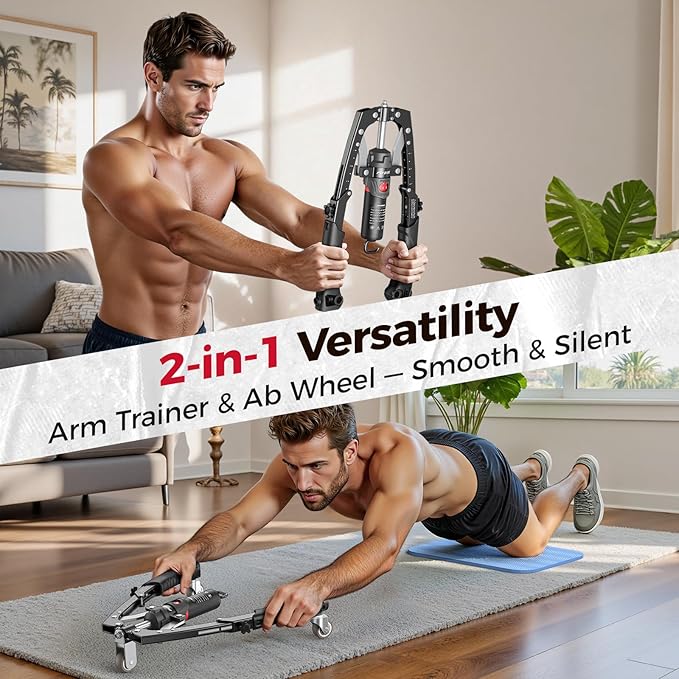 FLYBIRD Chest & Arm Twister & Core Trainer, Hydraulic Power CoreFlex Twister Chest Workout Equipment, 22-440lbs for Strength Trainer, 3-in-1 Chest Trainer with Ab Roller Wheel(Backpack &Pad Included)