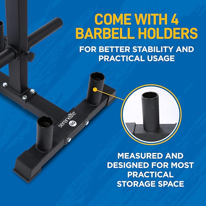 SereneLife 6-Pegs Olympic Weight Plate Rack & 4 Barbells - 800 Pounds Capacity, Heavy Duty Gym Organizer, Scratch Resistant Frame, Powder-Coat Finish, Easy to Assemble, Compact & Space-Saving