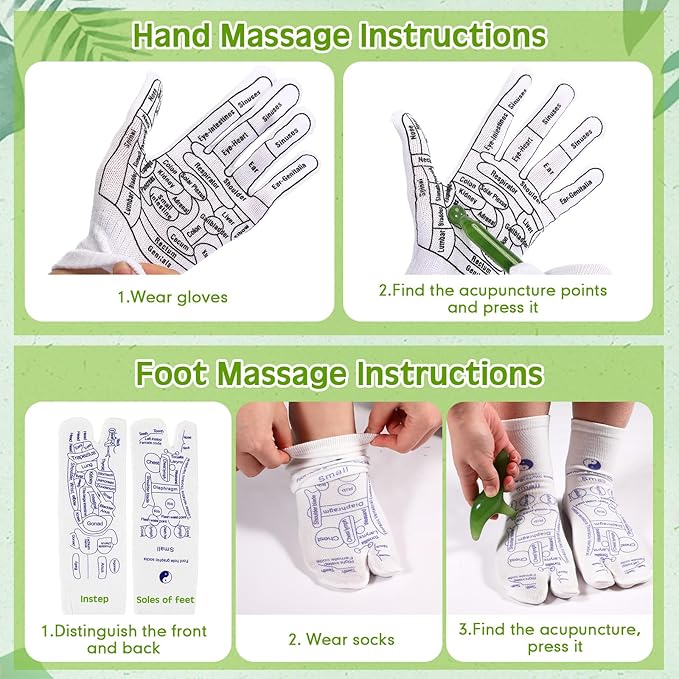 16 Pcs Reflexology Socks and Gloves with Tools Foot Reflexology Socks with Acupressure Gloves & 8 Pcs Massage Point Tools Foot Relief Acupressure Massager Set for Women and Men(Green)