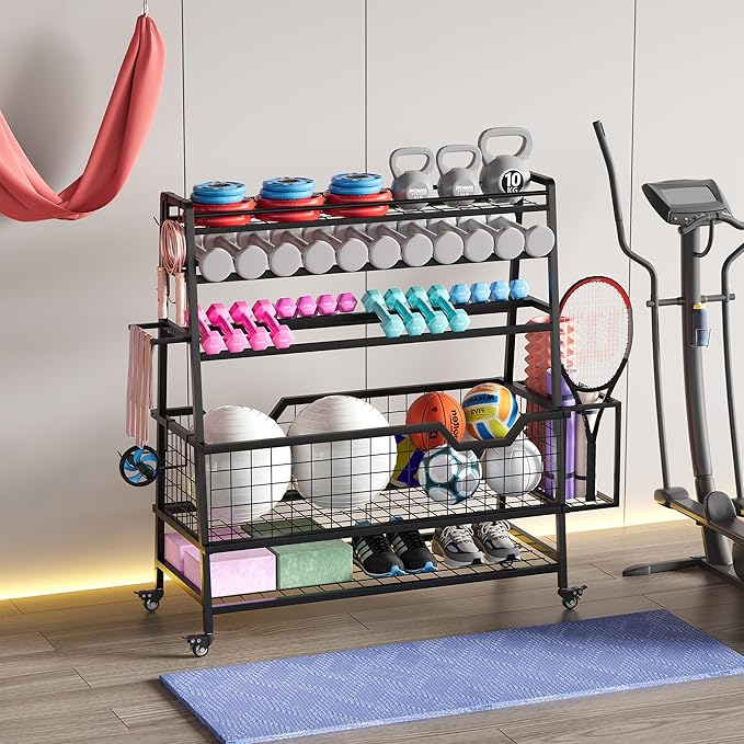 Dual-Sided Dumbbell Rack with Hooks & Wheels, Adjustable Home Gym Storage Rack for Dumbbells, Kettlebells, Balls, Yoga Mats, Ab Roller, Weight Rack Organizer for Workout Equipment