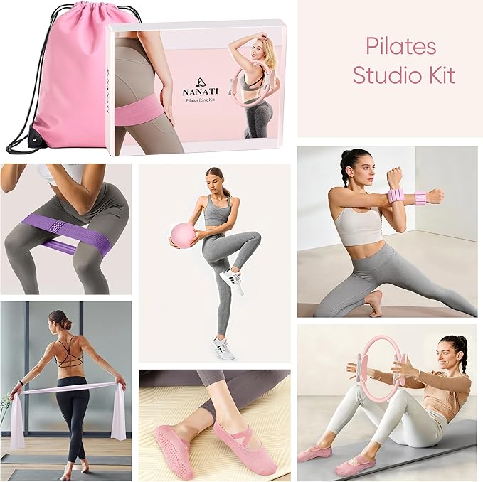 Pilates Kit, Home Pilates Workout Kit for Women, Pilates Equipment with 14.5" Pilates Ring and Ball, Resistance Bands, Ankle Weights, Sliders & Grip Socks Accessories for Starter Home Workouts