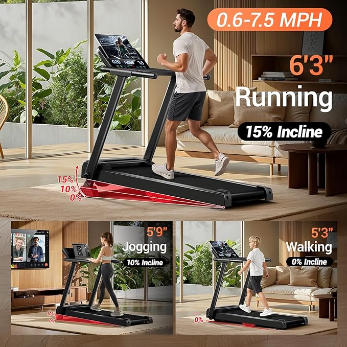 15% Incline Treadmills for Home with Led Screen & Handles, 3-in-1 Portable Treadmill Holds Up to 300 Lbs Capacity, Lower Noise 3.0HP Foldable Treadmill 0.6-7.2MHP