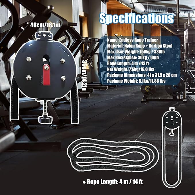 Endless Rope Trainer, Suspension Pulley Cable Machine with Adjustable Resistance & Nylon Rope, Pull Rope Fitness Training Equipment, for Physical Training Black
