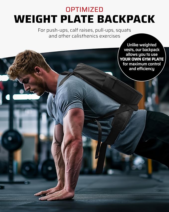 Weighted Backpack for Gym Weight Plate - for Pushups, Calf Raises, Squats, Wear on Back or Front, Fits Up to 17.5” Diameter, 2.5” Thick Plate, Padded Straps & Secure Buckles - For Home & Gym