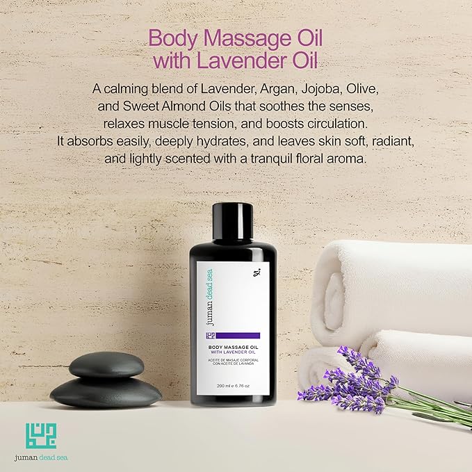 Juman Dead Sea Lavender Massage Oil | Stimulates Blood Circulation | Lavender Body Oil | for Silky & Softer Skin | Body Moisturizer | 6.76 OZ