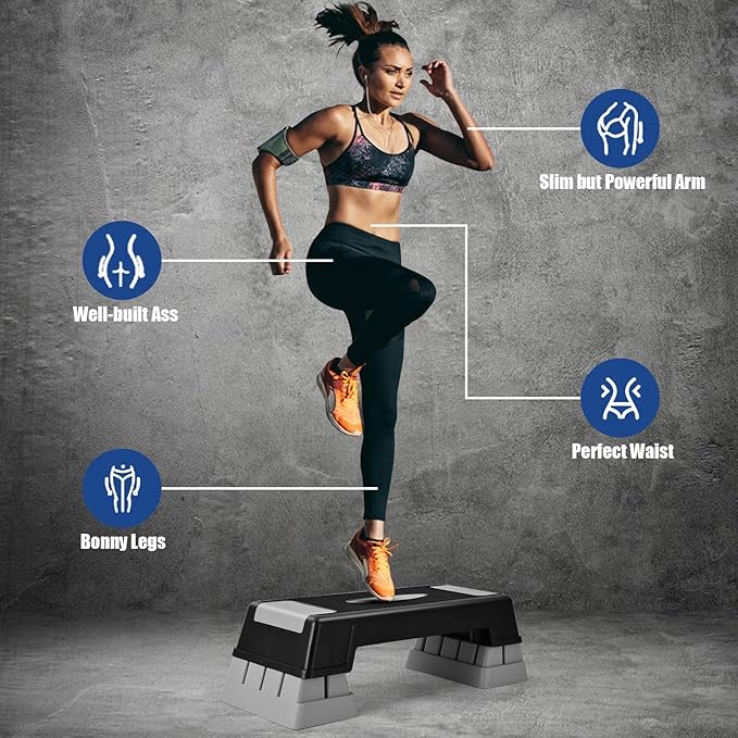 Happytools 28'' Aerobic Stepper, 5’’ 7’’ 9’’ Levels Height Adjustable Fitness Step Trainer, Exercise Step Platform w/Risers & Non-Slip Foot Pads for Home Gym Cardio Strength Training