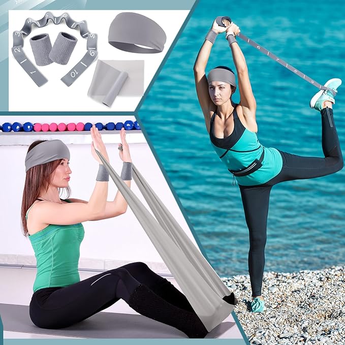 Poen 18 Pcs Home Pilates Ball and Ring Circle Set Yoga Fitness Essentials Kit with 5 Resistance Band Stretching Strap Non Slip Sock Ball Core Slider Wristband Headband Gym Bag for Women