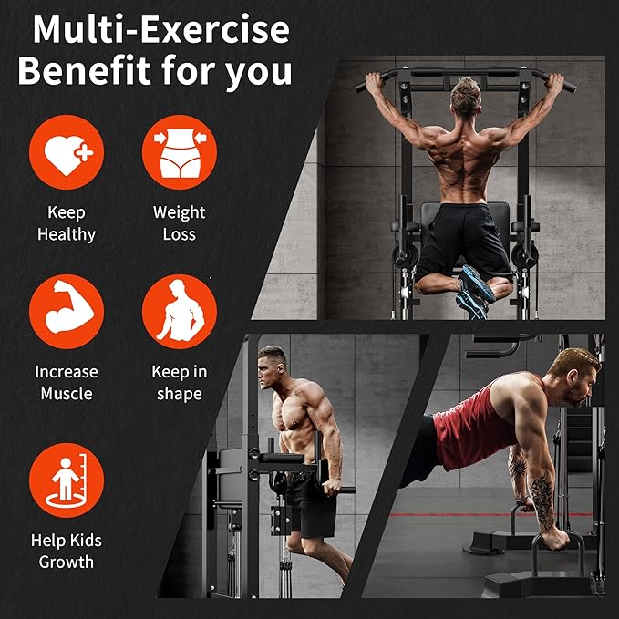 SogesHome Power Tower Pull Up Bar and Dip Station, Multi-Function Free Standing Pull Ups, Adjustable Height Dip Bar Strength Training Workout Equipment, Pull Up Stand Workout for Home Gym Exercise Equipment