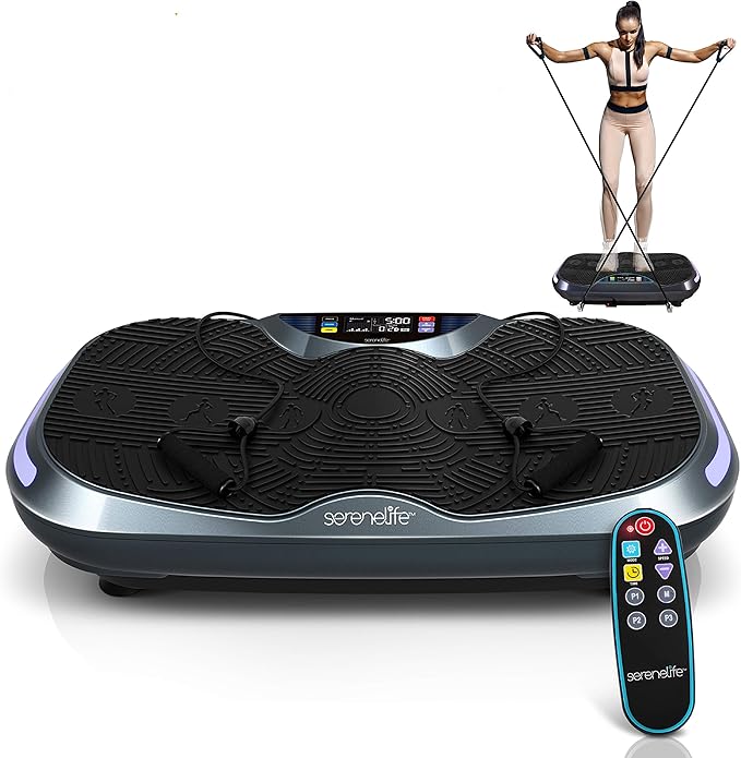 SereneLife Standing 3D Vibration Board Exercise Machine - Whole Body Workout Vibration Fitness Platform Passive Exercise - 2 Motor 3D Motion Technology, Resistance Band - Weight Loss & Toning SLVBX3