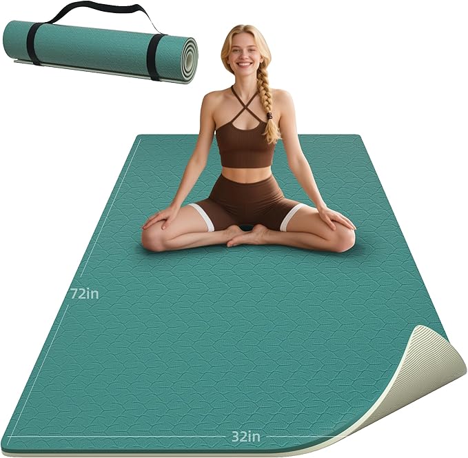 HAHE Yoga Mat Thick, 72"x32"x0.4"Th (10mm), Wide Non-Slip Exercise Mat with Carry Strap, Double-Sided POE Fitness Mat for Yoga, Pilates & Floor Workouts