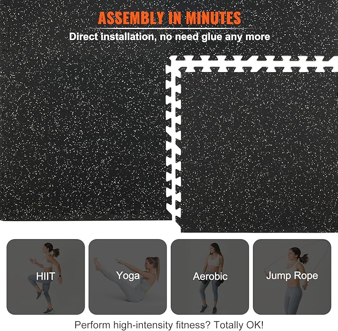 VEVOR 0.56Inch 100sq.ft 25 Tiles Gym Flooring for Home Gym, Rubber Top with High Density EVA Foam, 25 x 25In Gym Floor Exercise Equipment Mats, Interlocking Gym Mats, Puzzle Workout Mats, Black & Gray