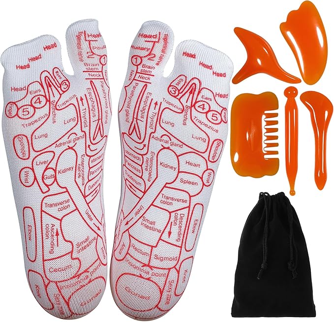 Reflexology Socks with Beginner Acupoint Massage Tools Set of 5 - Foot Pain Relief Remedy for Foot Massage Rod for Women and Men Tired Relieve (Man-Big-Red)