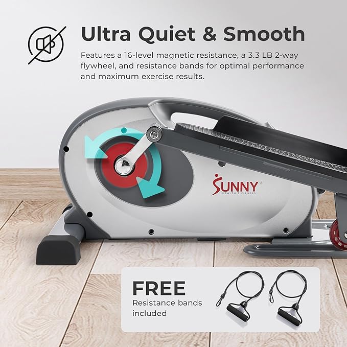 Sunny Health & Fitness Under Desk Elliptical Machine, Portable Sitting or Stand Peddler Exerciser for Seniors Home Office, SunnyFit App Access via Bluetooth with Optional Handlebar or Resistance Band