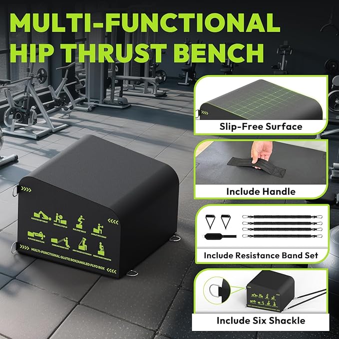 Hip Thrust Bench, Multi-Functional Slip-Free Hip Thrust Machine for Glute Bridge, Box Jump, Push-Ups, Squat, Ab Exercise, Suitable for Home & Gym