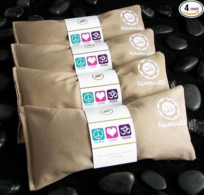 Lavender Eye Pillows - Yoga Eye Pillows Namaste Hot Cold Aromatherapy for Stress, Meditation, Spa, Relaxation Gifts - Made in USA Set of 4 - Tan Cotton